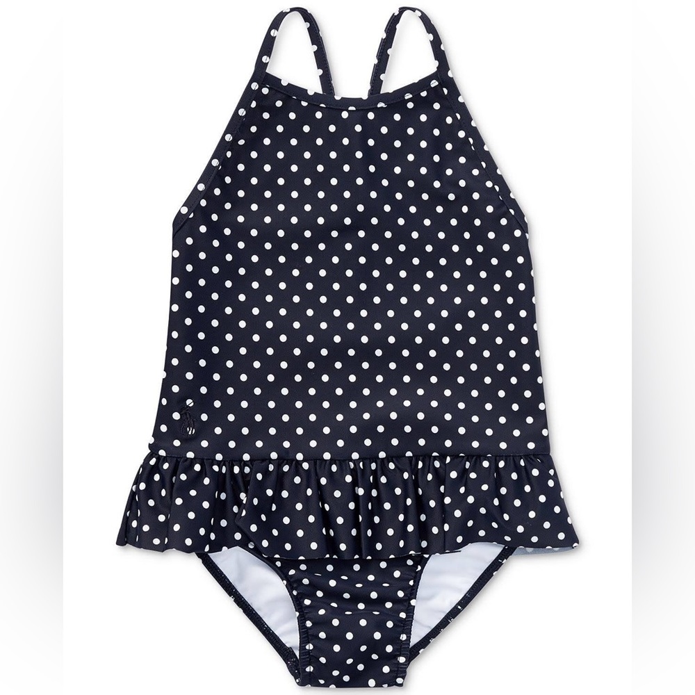 Ralph Lauren Polka Dot Halter Top With Skirt Sides One Piece Swimsuit NWT
